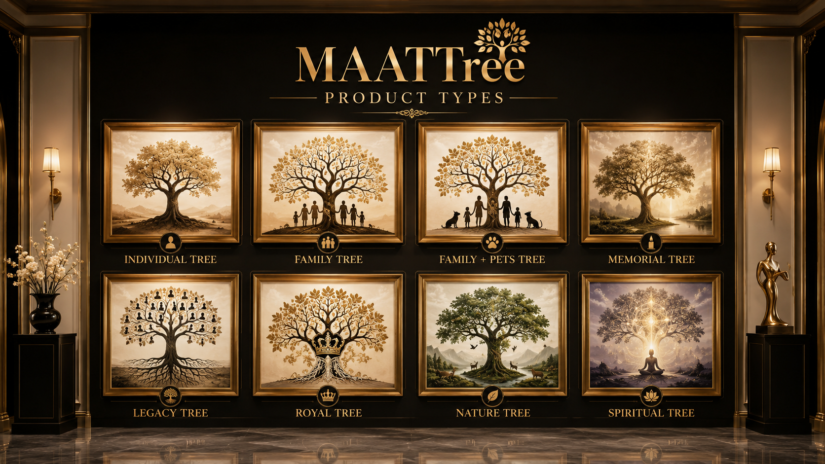 MAATTree 8 tree types — Individual, Family, Family with Pets, Memorial, Legacy, Royal, Nature and Spiritual family tree styles