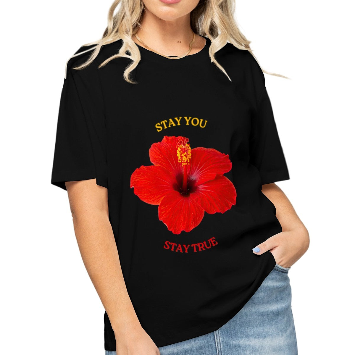 Women's Crimson Hibiscus T-Shirt — premium cotton, front view