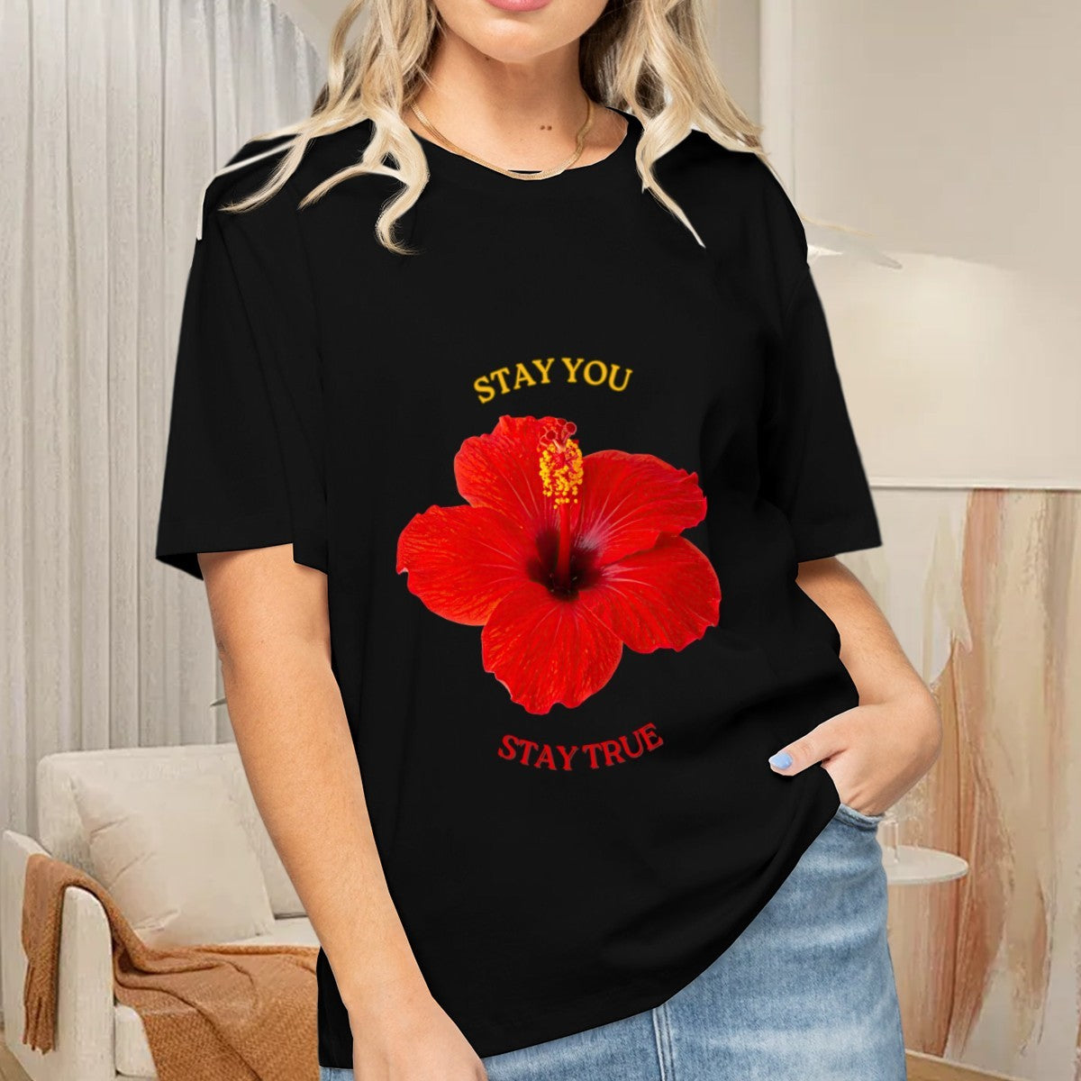 Women's Crimson Hibiscus T-Shirt — premium cotton, back view