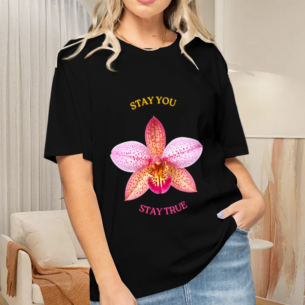 Women's Pink Orchid T-Shirt — premium cotton, back view