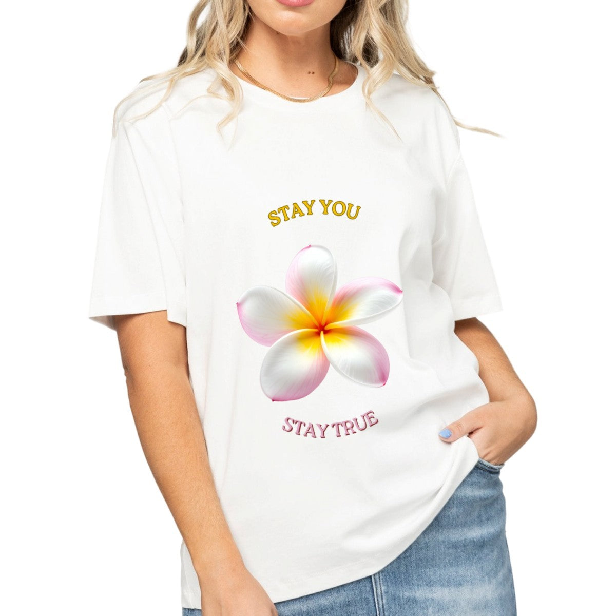 Women's White Plumeria T-Shirt — premium cotton, front view