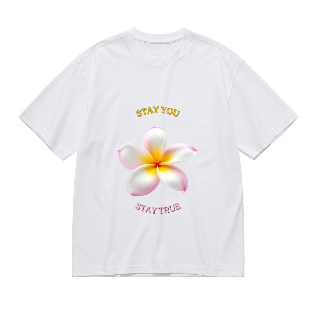 Women's White Plumeria T-Shirt — premium cotton, lifestyle photo