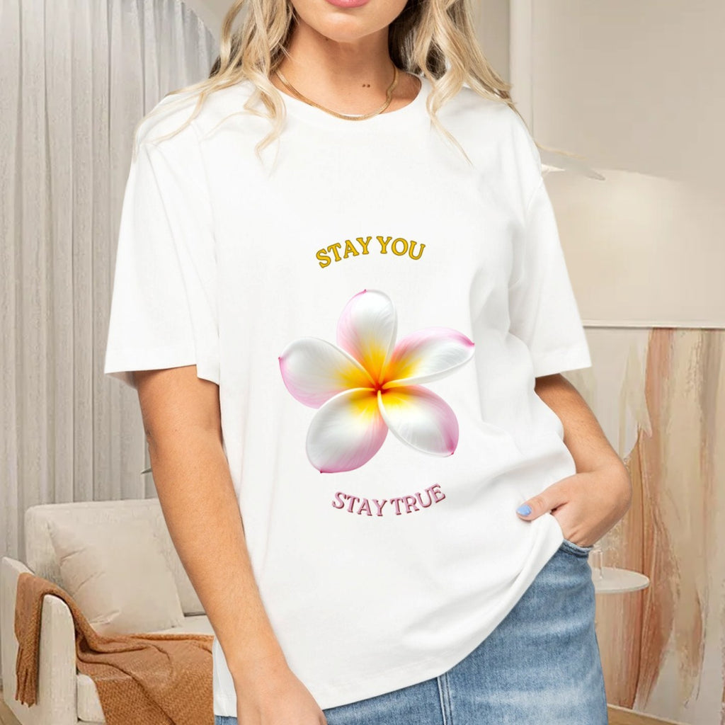 Women's White Plumeria T-Shirt — premium cotton, back view