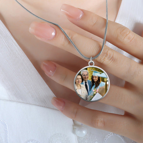 Round Snake Chain Pendant — modern personalized necklace, close-up
