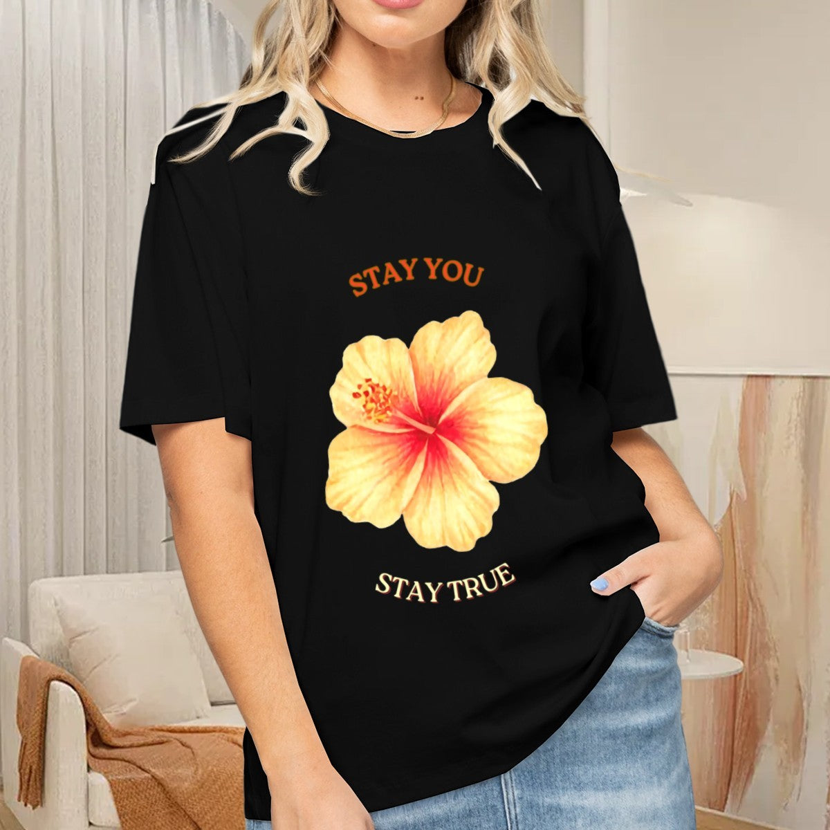 Women's Golden Hibiscus T-Shirt — premium cotton, back view
