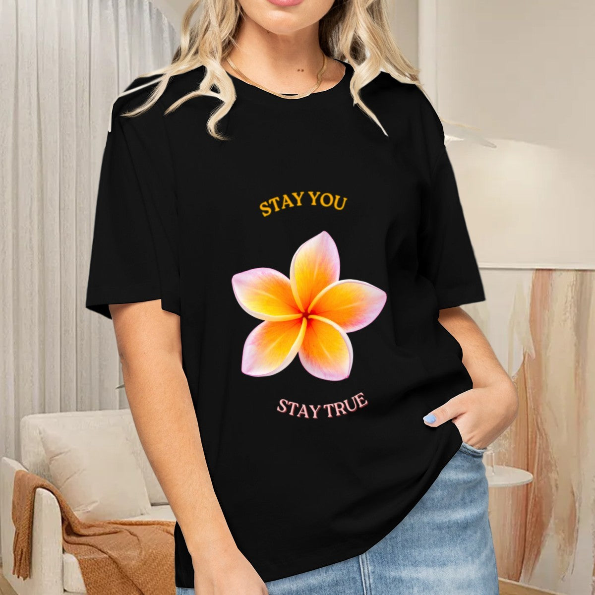 Women's Tropical Plumeria T-Shirt — premium cotton, back view