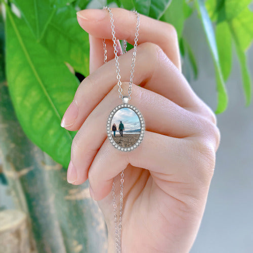 Oval Photo Pendant Necklace — personalized memory jewelry, detail view