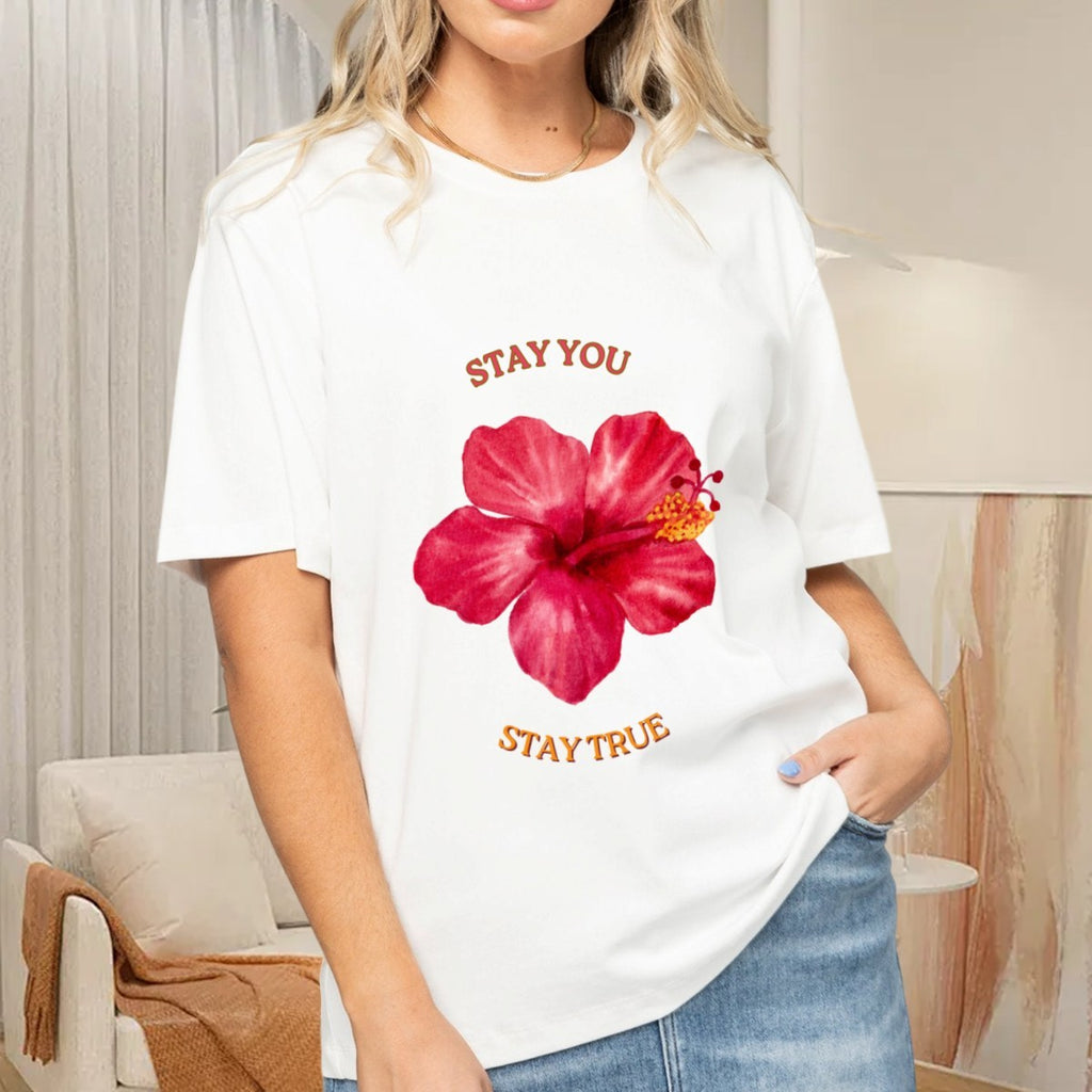Women's Hibiscus Flower T-Shirt — premium cotton, detail view