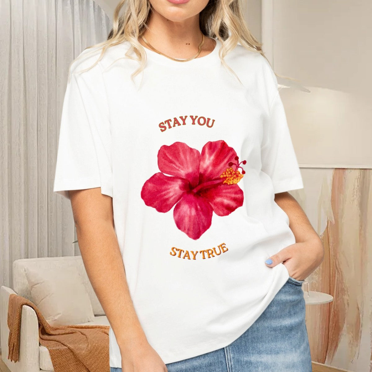 Women's Hibiscus Flower T-Shirt — premium cotton, detail view