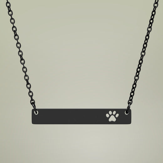Cutout Paw Bar Necklace in Black PVD — personalized engraved pet name bar with paw print cutout