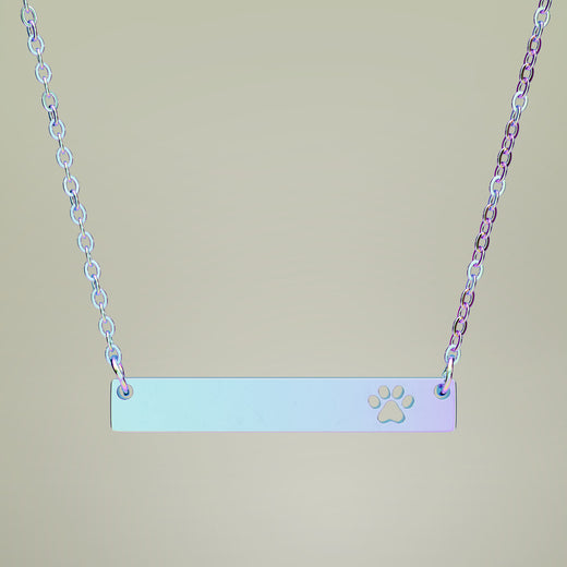Cutout Paw Bar Necklace in Rainbow PVD — personalized engraved pet name bar with paw print cutout