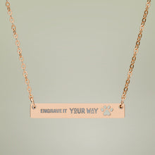 Cutout Paw Bar Necklace in 18K Rose Gold — personalized engraved pet name bar with paw print cutout