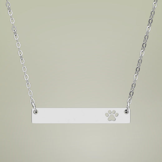 Cutout Paw Bar Necklace in Stainless Steel — personalized engraved pet name bar with paw print cutout