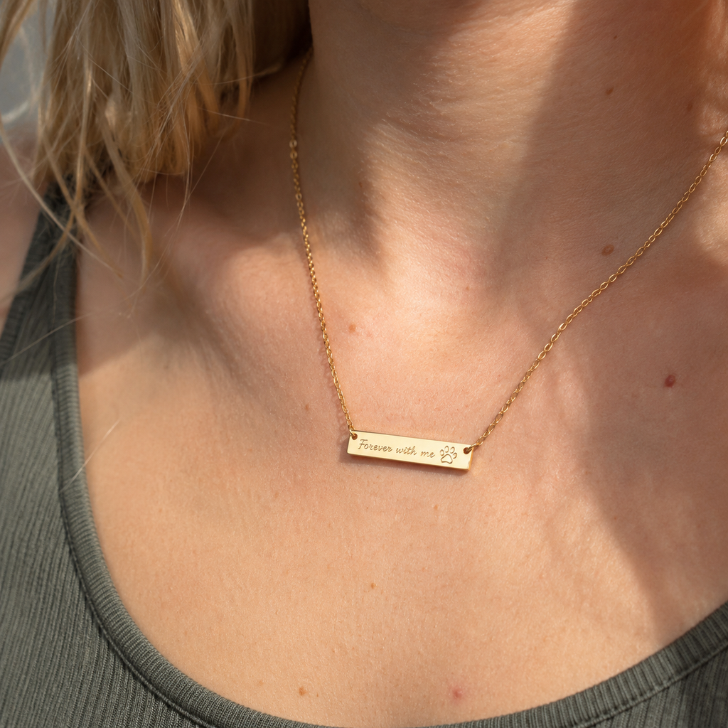 Cutout Paw Bar Necklace — personalized pet memorial jewelry engraved with your pet's name