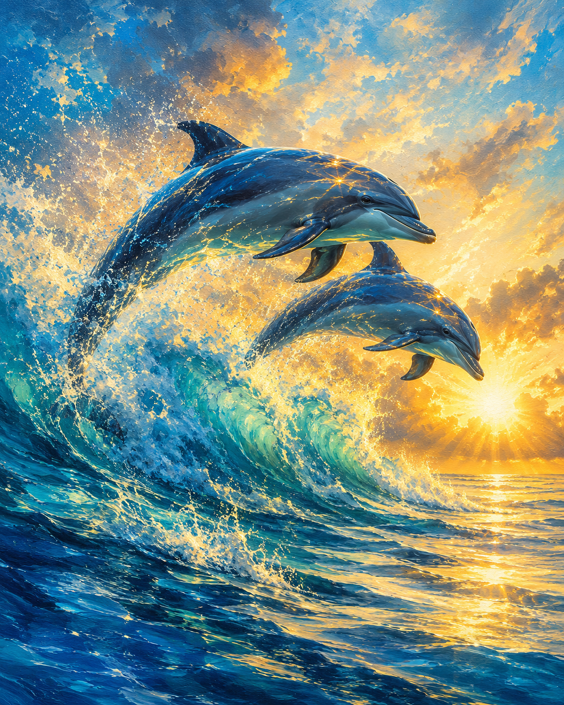 Dolphins Joy printable wall art — dolphins leaping over waves, instant digital download