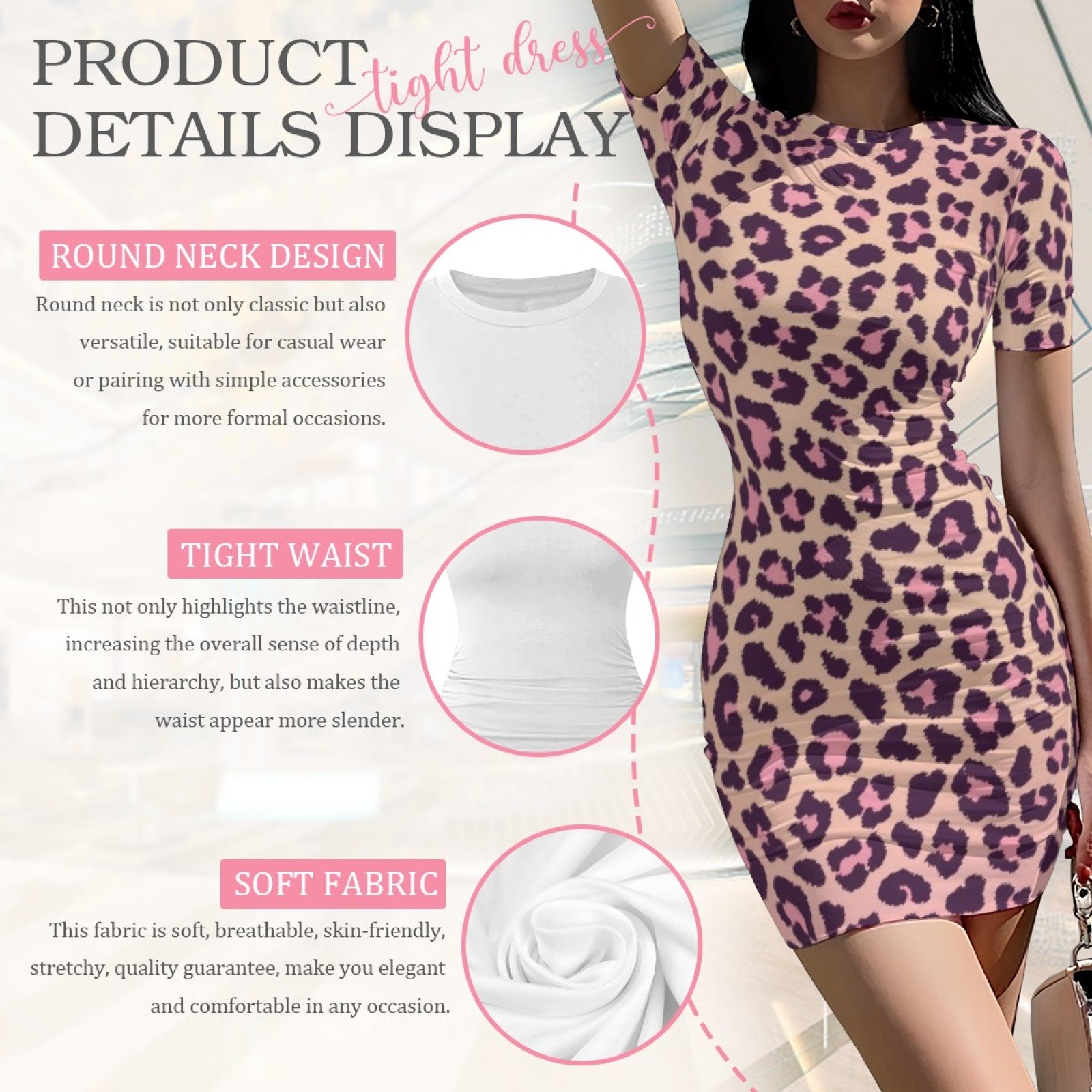 Wild Grace Leopard Bodycon Dress - Pink Leopard fabric details
