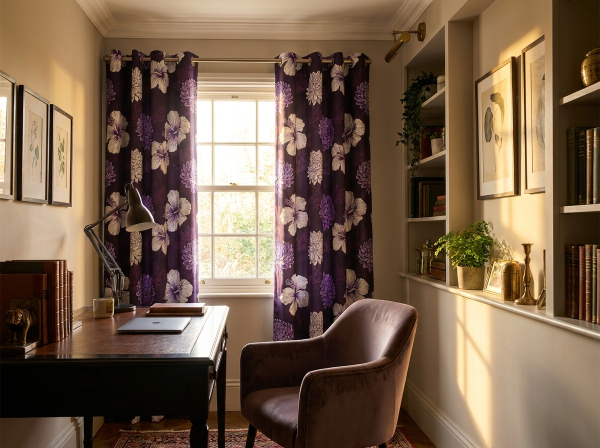 Botanical Luxury curtains – White hibiscus purple chrysanthemum office 53x63