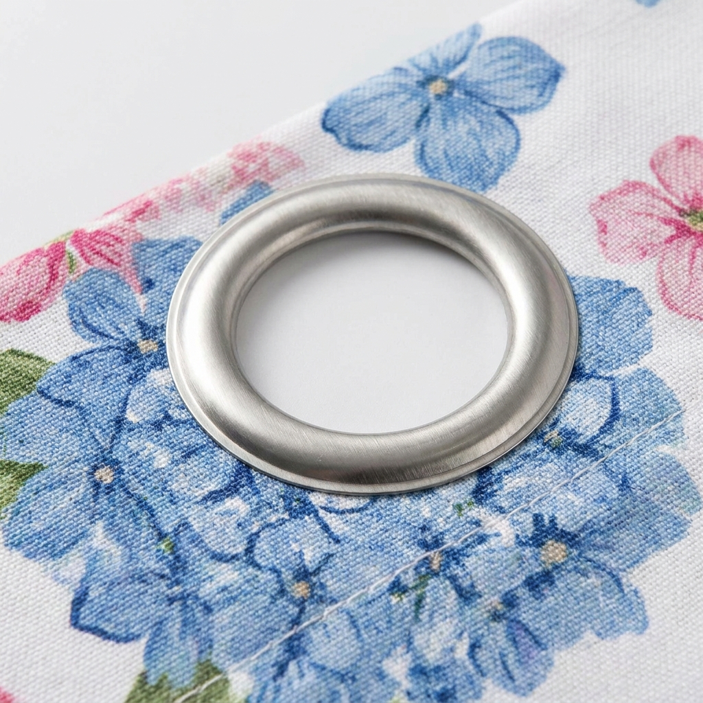 Grommet construction detail on MAAT curtain fabric