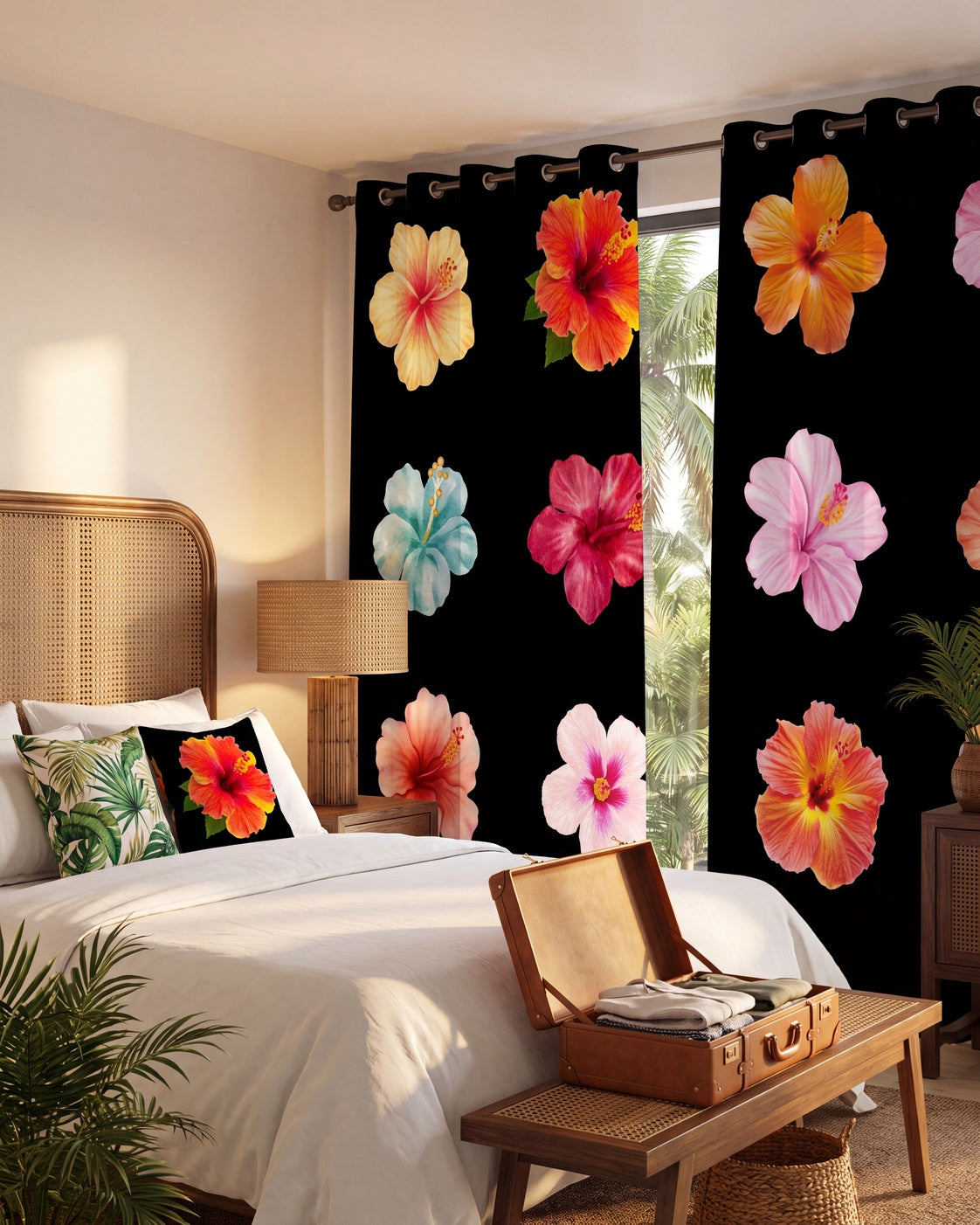 Hibiscus Floral blackout curtains — tropical bedroom scene