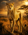 Cheetah Speed sacred wall art — golden savannah sunset, fine art print, Maat Universe