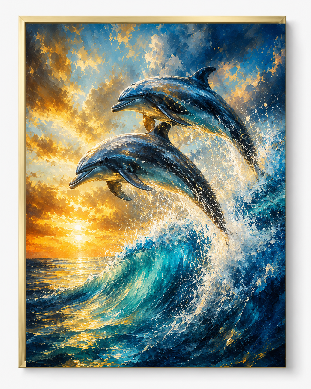Dolphins Joy sacred wall art — Premium Gold frame, fine art print, Maat Universe