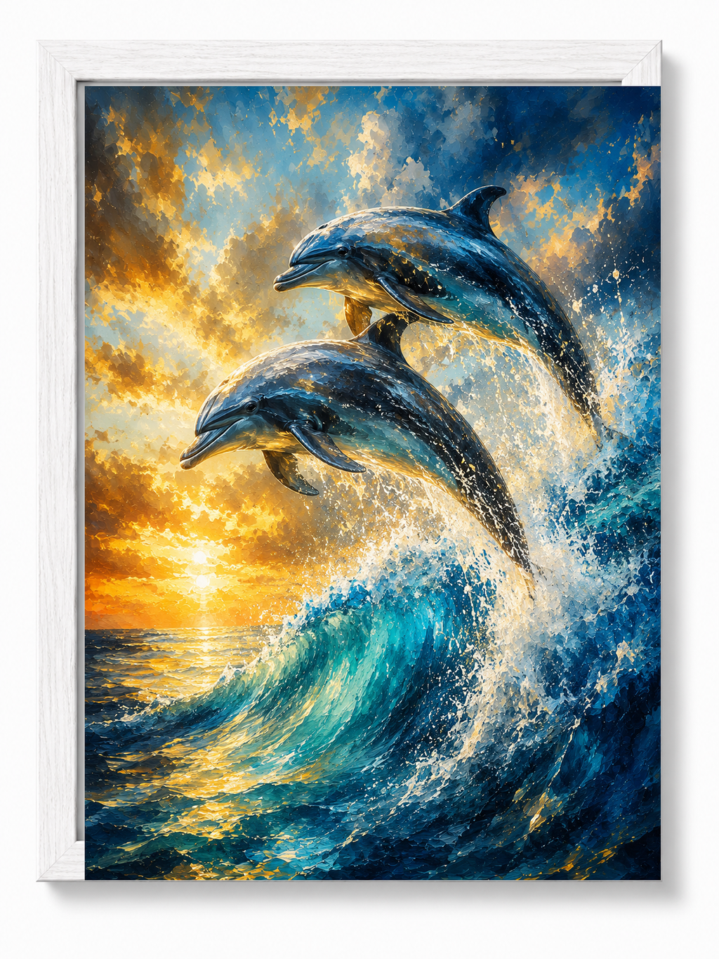 Dolphins Joy sacred wall art — Standard Natural Oak frame, fine art print, Maat Universe