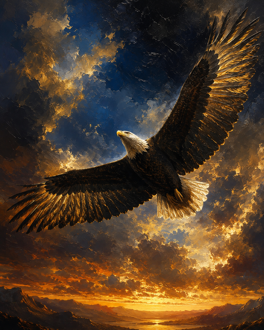 Eagle Vision sacred wall art — soaring side profile golden sunset, Maat Universe