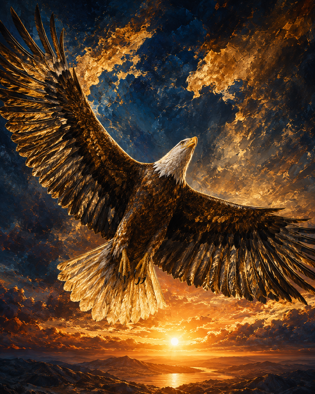 Eagle Vision sacred wall art — ascending gold clouds dramatic, Maat Universe