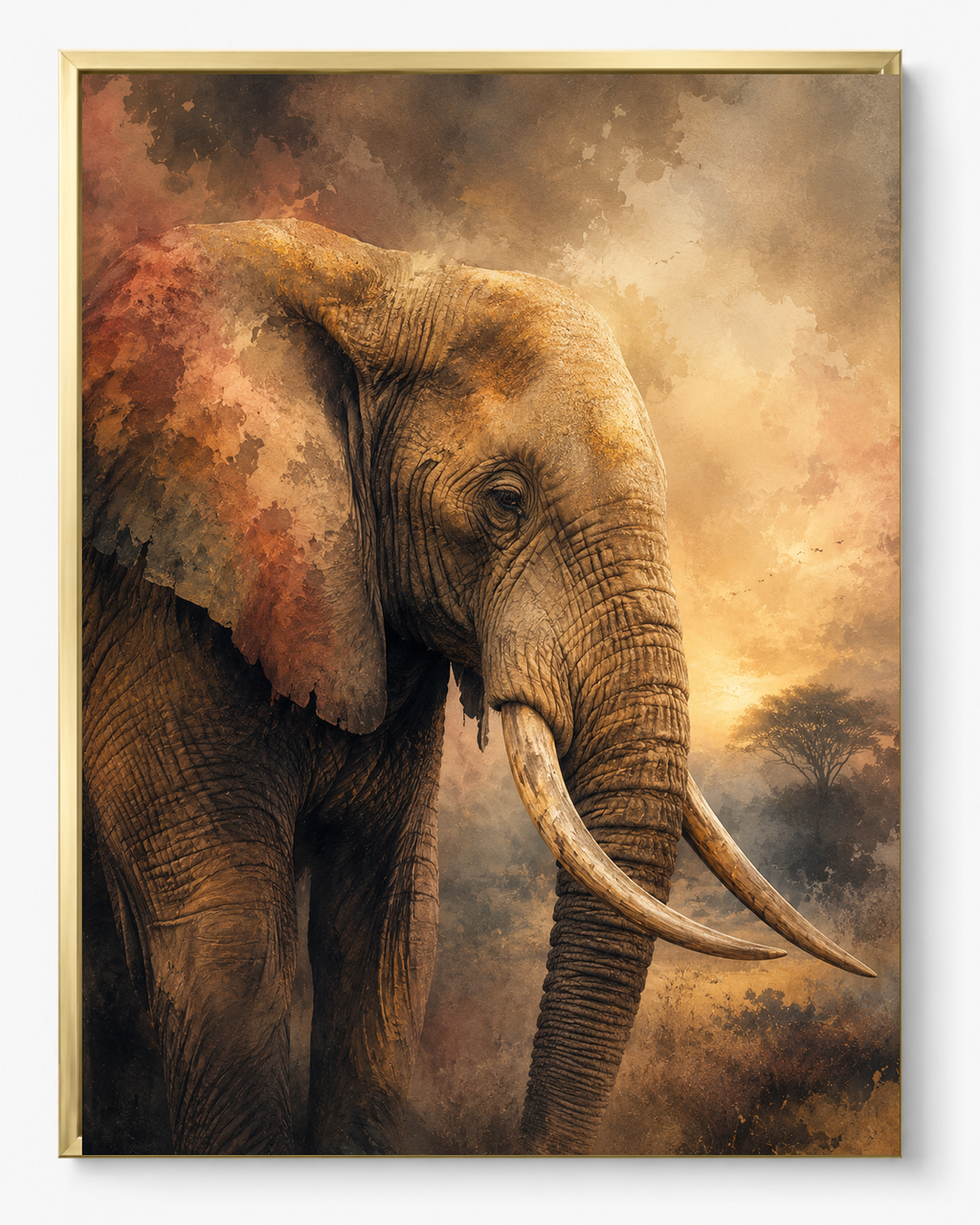 Elephant Wisdom sacred wall art — Premium Gold frame, fine art print, Maat Universe