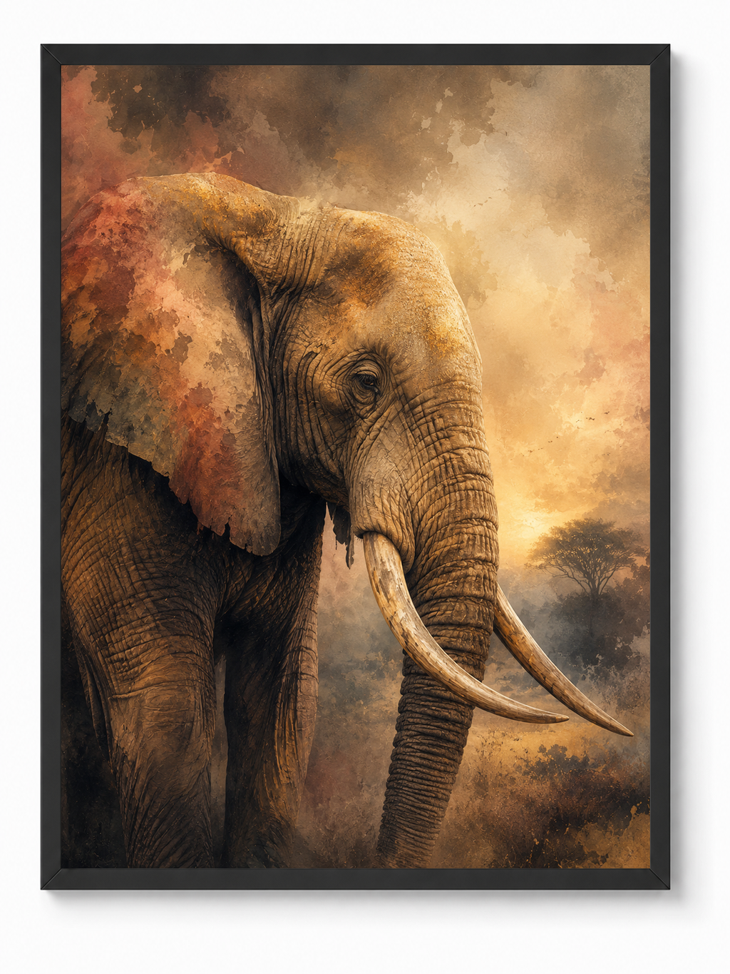 Elephant Wisdom sacred wall art — Standard Black frame, fine art print, Maat Universe