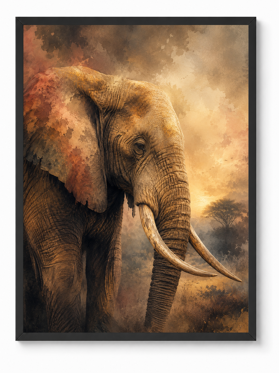 Elephant Wisdom sacred wall art — Standard Black frame, fine art print, Maat Universe