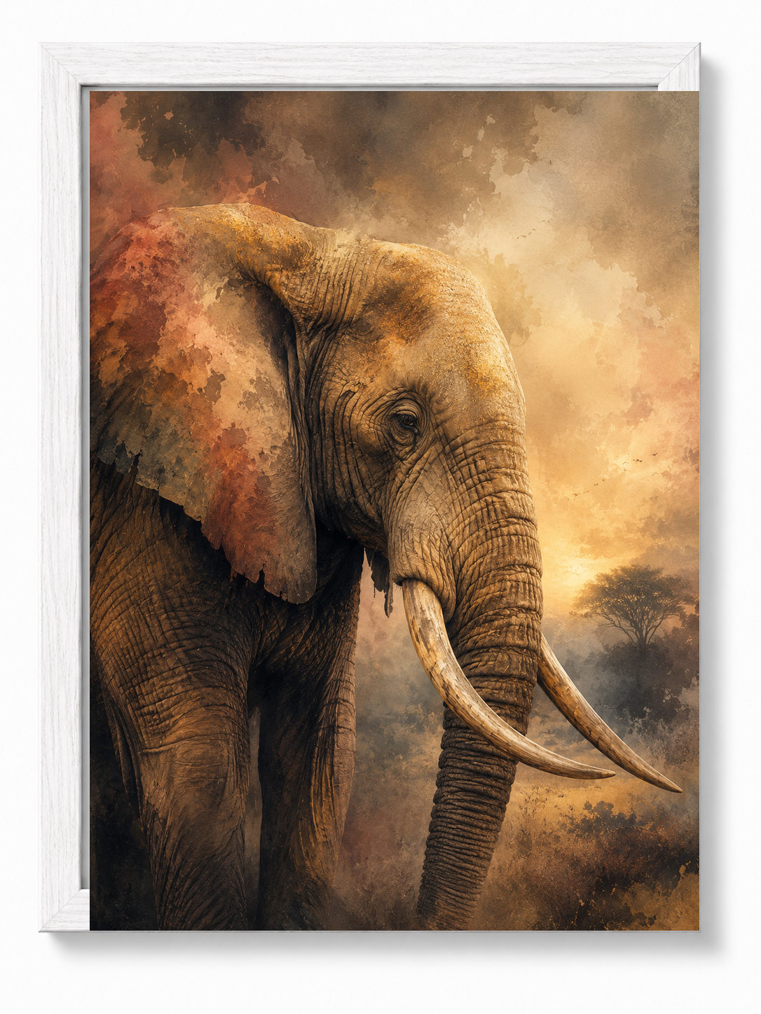 Elephant Wisdom sacred wall art — Standard Natural Oak frame, fine art print, Maat Universe