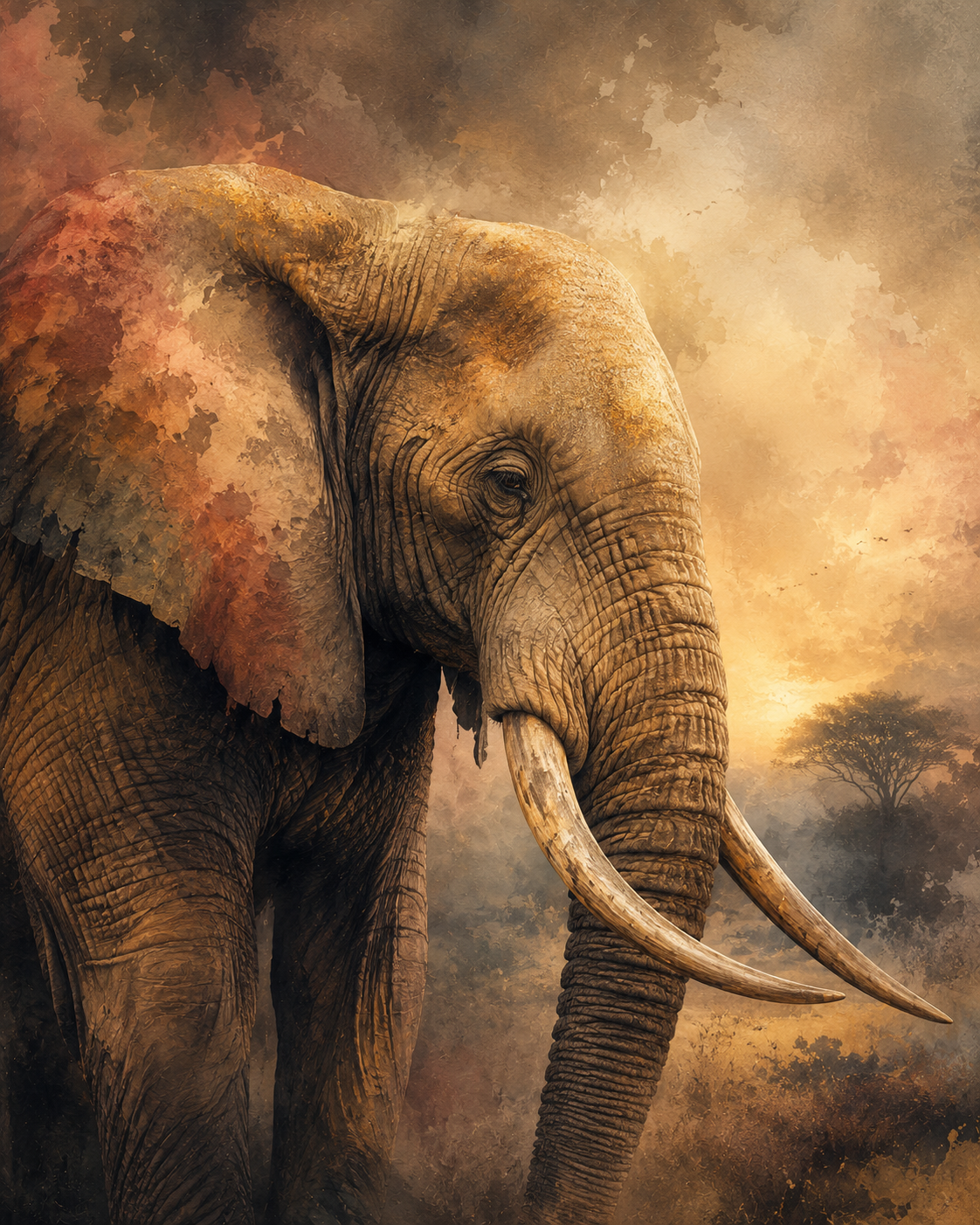 Elephant Wisdom sacred wall art — fine art print, dramatic gold dark tones, Maat Universe