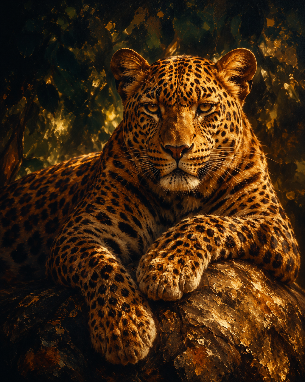 Leopard Confidence sacred wall art — golden jungle portrait close-up, Maat Universe
