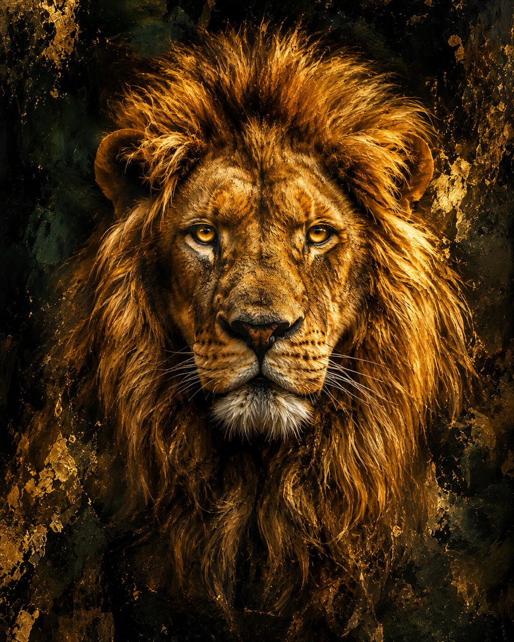 Lion Courage sacred wall art — fine art print, dramatic gold dark tones, Maat Universe