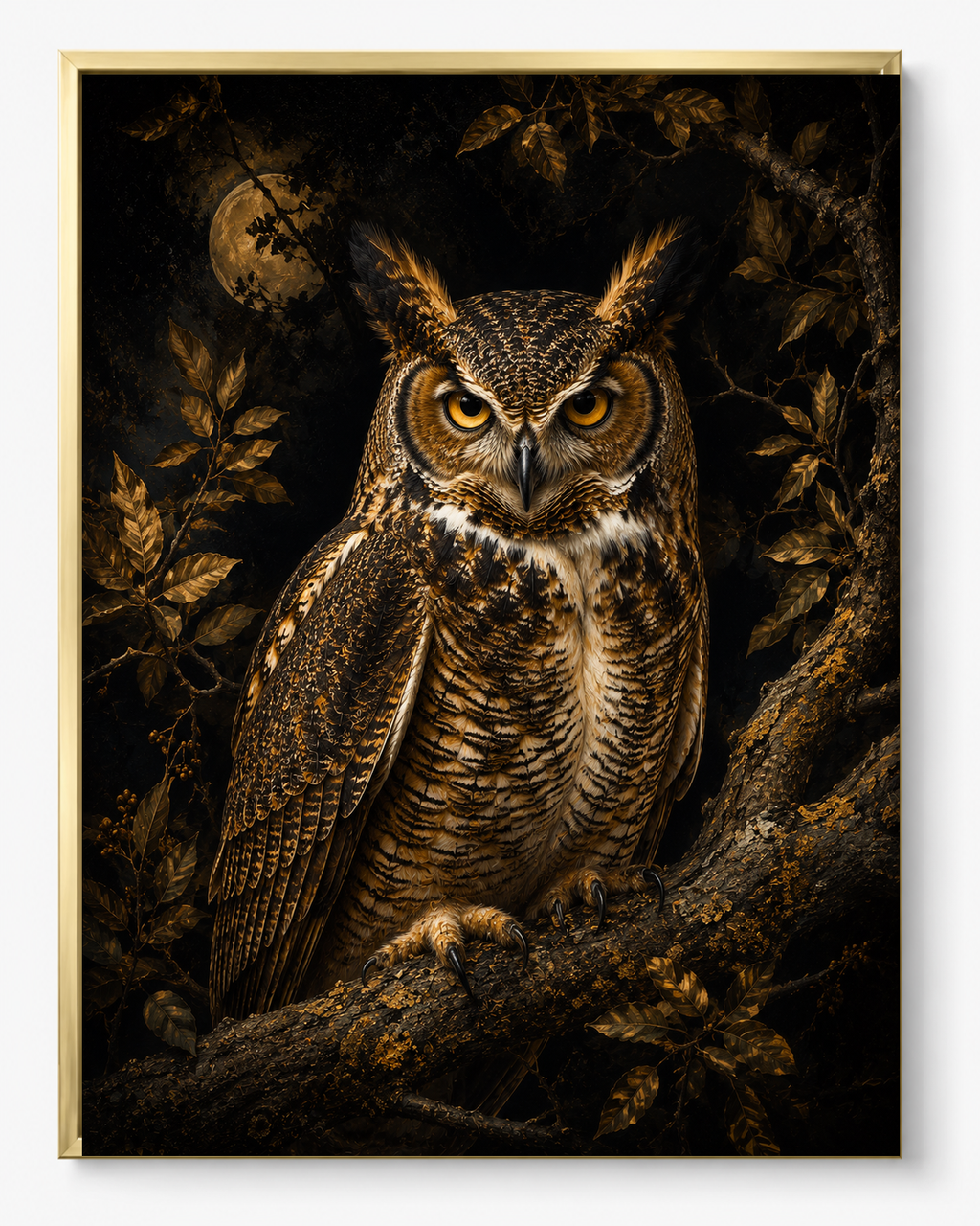 Owl Intuition sacred wall art — Premium Gold frame, fine art print, Maat Universe