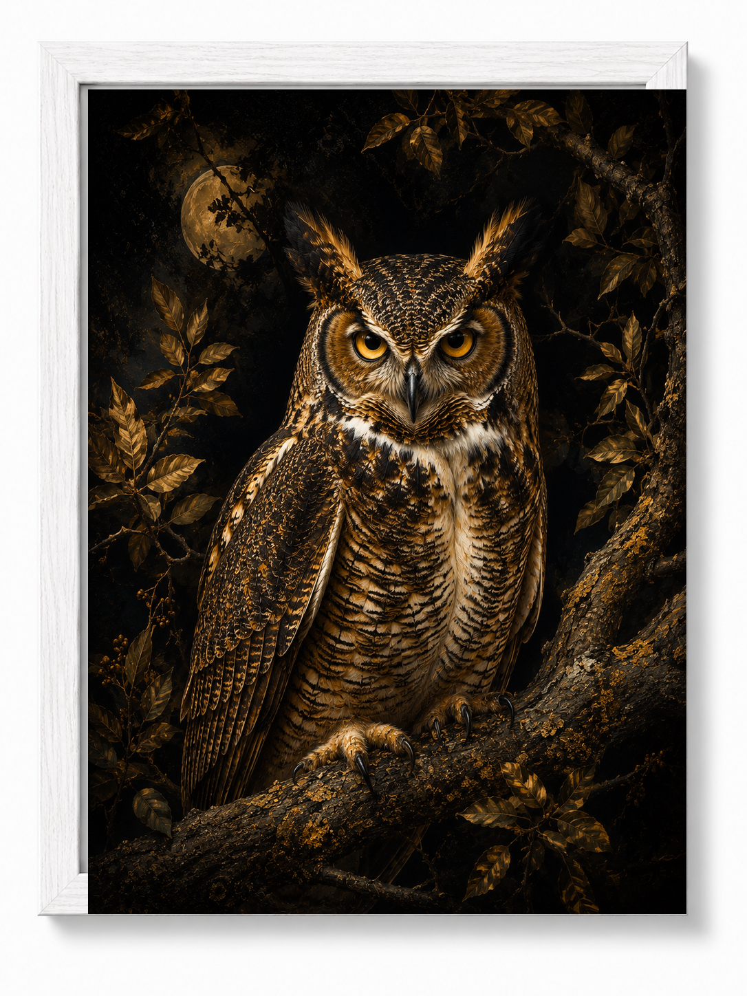 Owl Intuition sacred wall art — Standard Natural Oak frame, fine art print, Maat Universe