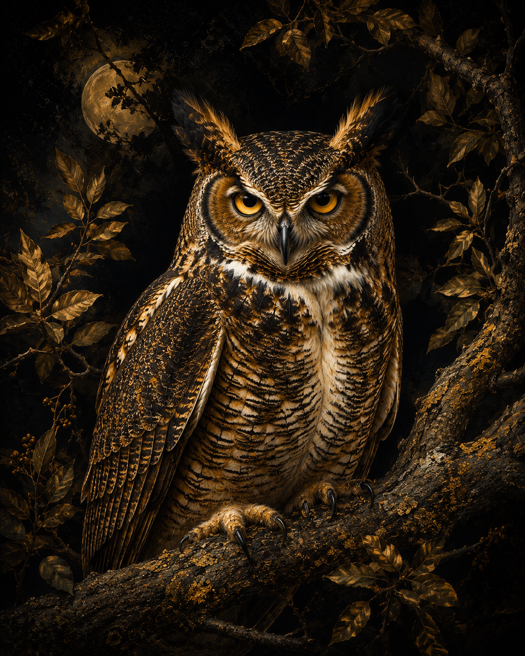 Owl Intuition sacred wall art — fine art print, dramatic gold dark tones, Maat Universe