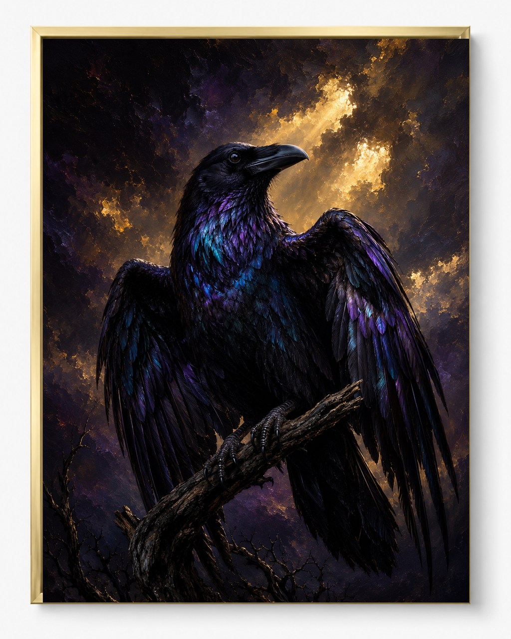 Raven Mystery sacred wall art — Premium Gold frame, fine art print, Maat Universe
