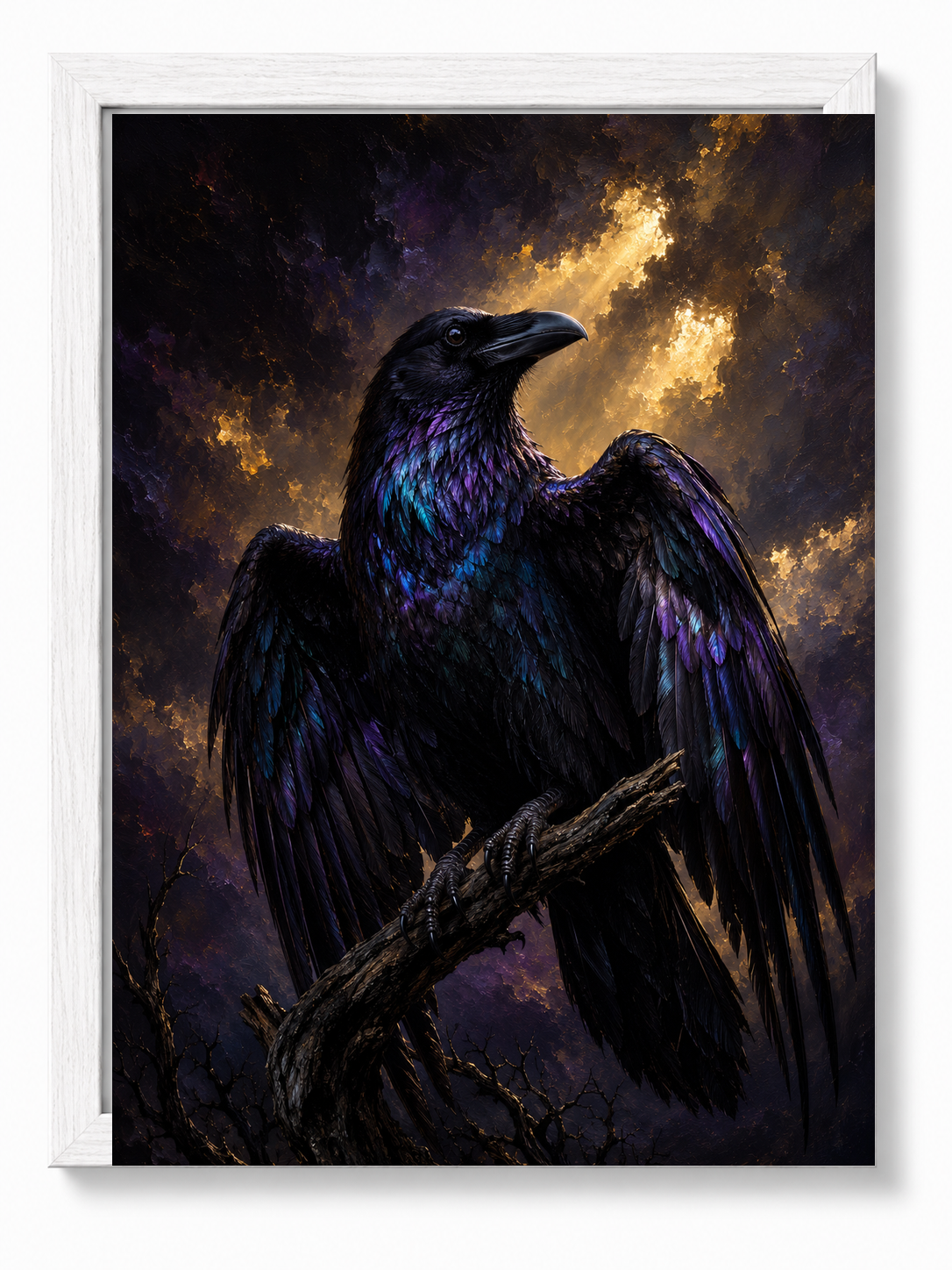 Raven Mystery sacred wall art — Standard Natural Oak frame, fine art print, Maat Universe