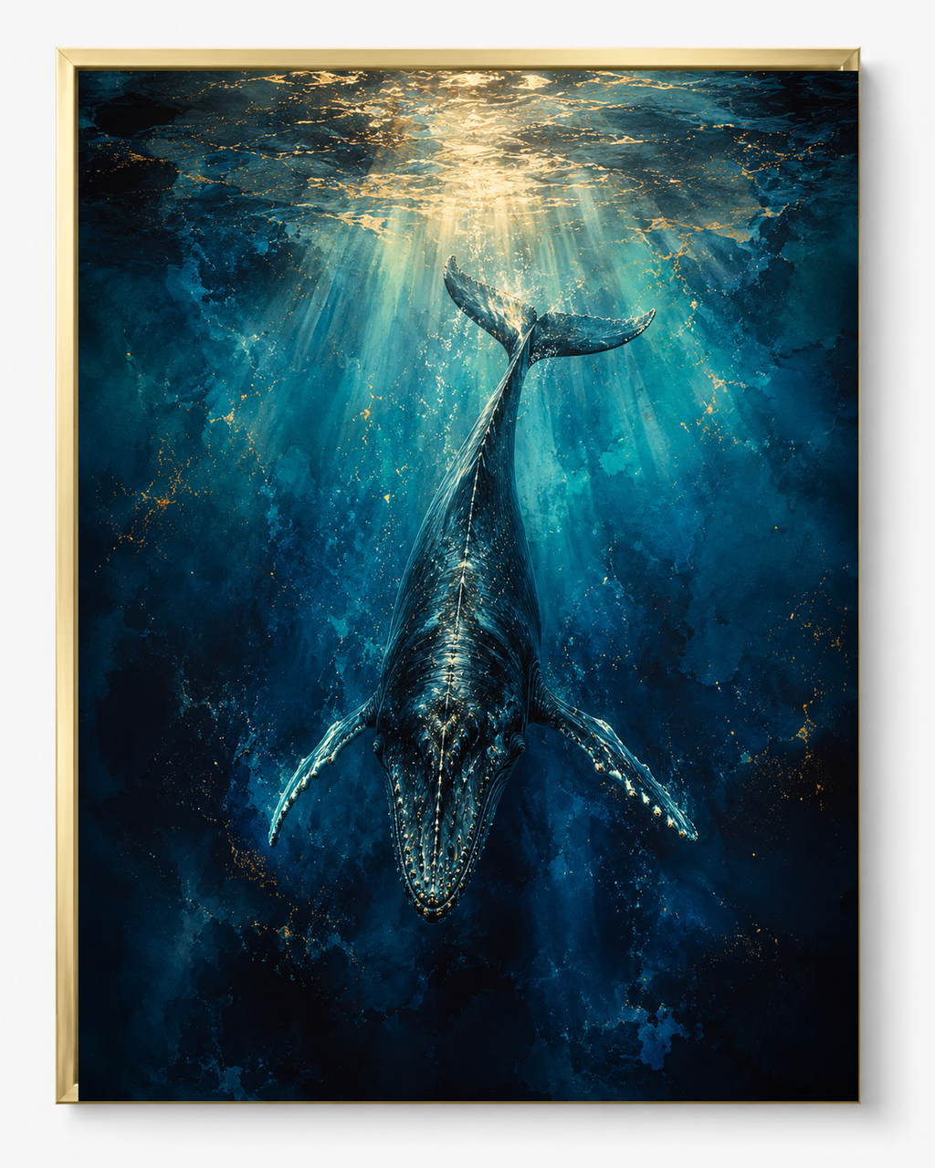 Whale Serenity sacred wall art — Premium Gold frame, fine art print, Maat Universe