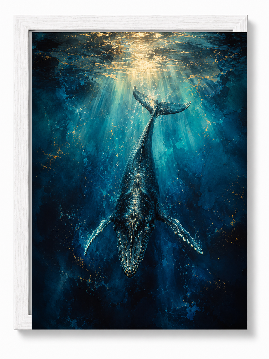 Whale Serenity sacred wall art — Standard Natural Oak frame, fine art print, Maat Universe