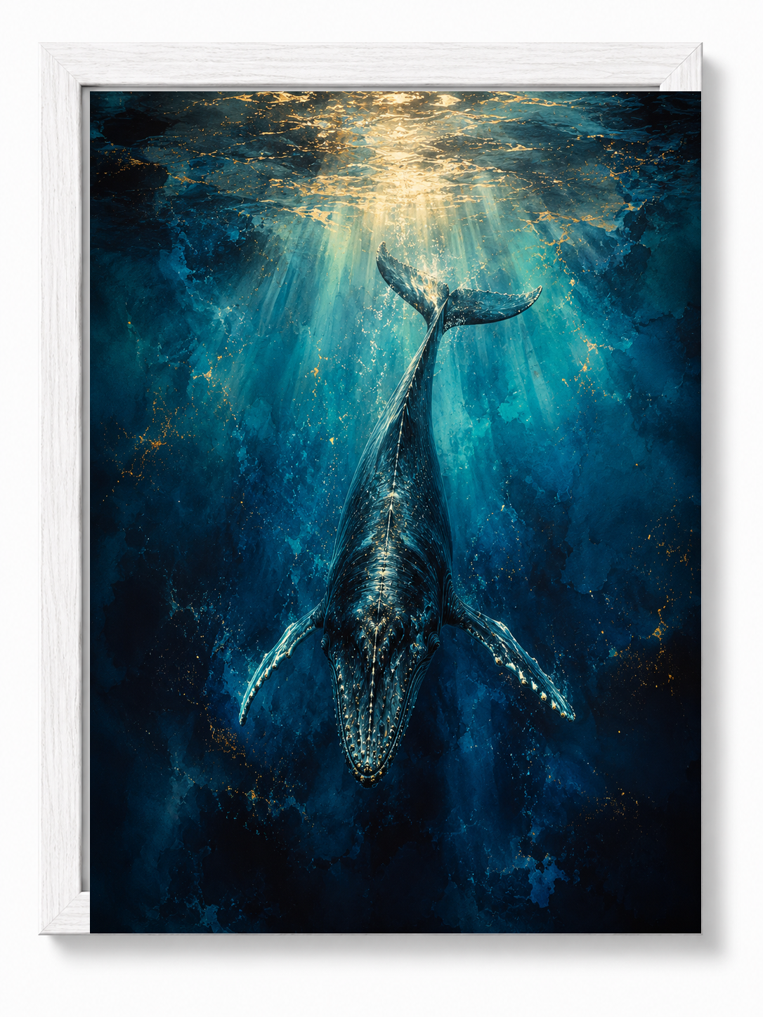 Whale Serenity sacred wall art — Standard Natural Oak frame, fine art print, Maat Universe