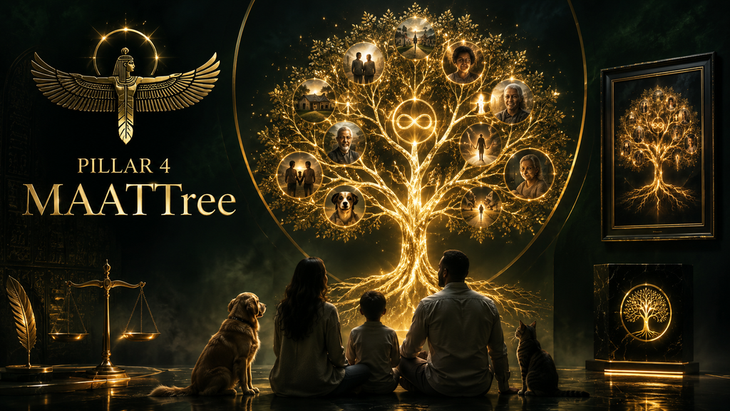 MAATTree custom family tree wall art — family with dog and cat admiring their glowing golden tree of life